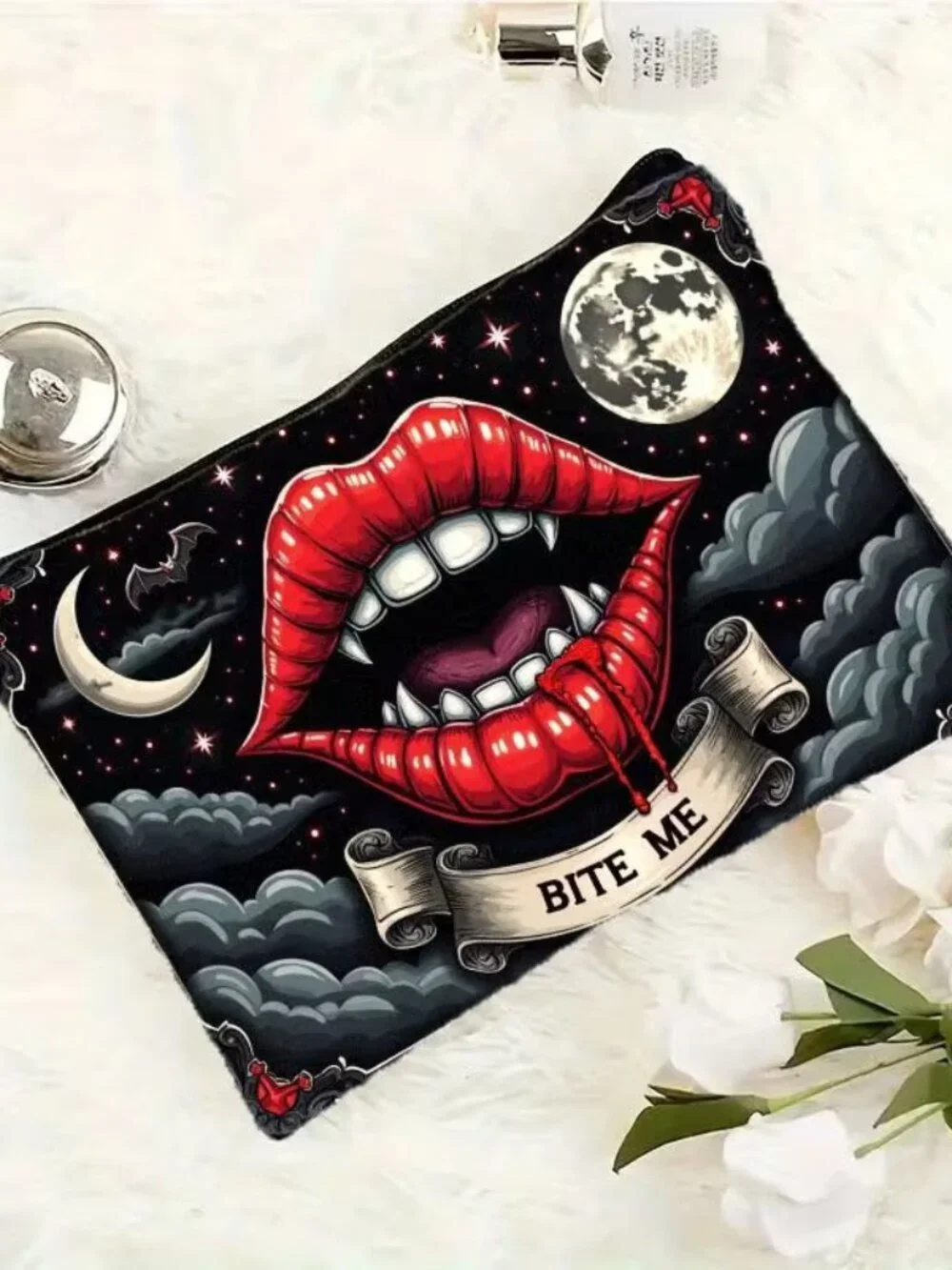 Halloween Dark Goth Vampire Bite Me Make Up Bag Double-Sided 6.3h